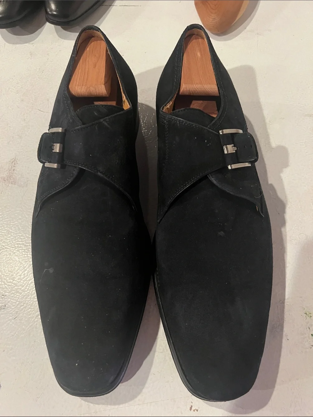 Magnanni Black Suede Double Monk Strap Dress Shoes